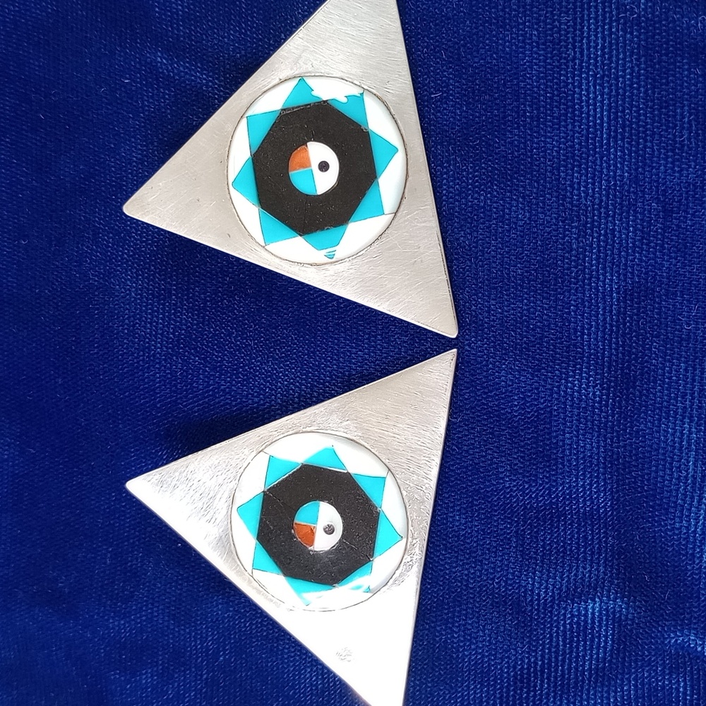 Vintage Zuni SunFace Turquoise, MOP , Onyx Inlay on Sterling Silver Earrings - Picture 11 of 16